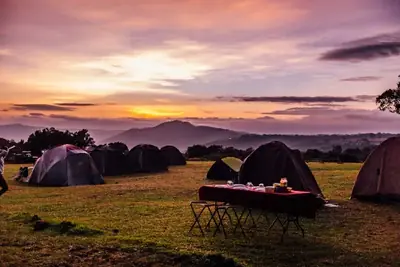 Luxury safari tents at sunset